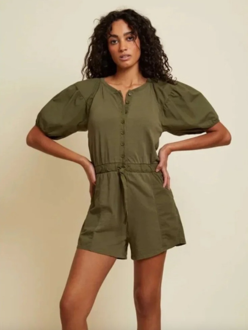 Nation LTD Garner Combo Romper, Ivy Olive Green, XS, Made in Peru, Cotton, Puff
